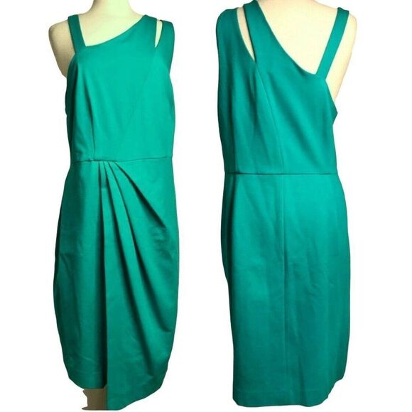 Rebel Wilson Sz 1X Asymmetrical Spliced Strap Dress Wrap Skirt Pleated Jade NEW - Picture 4 of 12